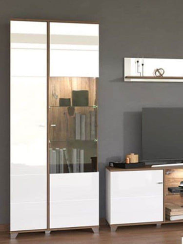 Elegant Merlot White High Gloss and Oak Effect Display Cabinet with Eight Shelves - UK Luxury Furniture